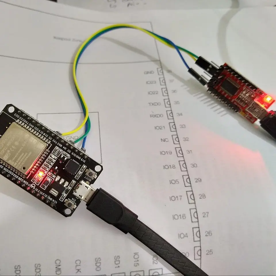 ESP32 and red microcontroller board connected by jumper wires